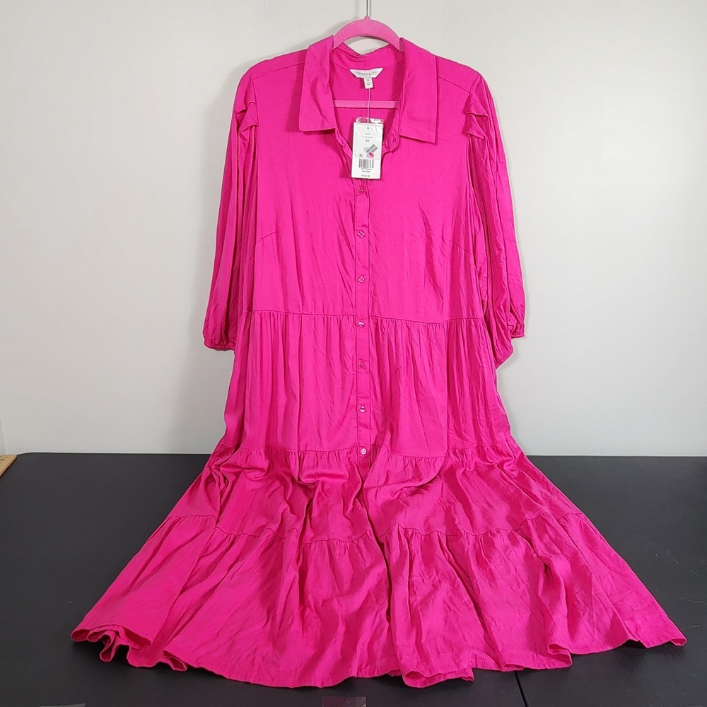 Crown & Ivy Pink Tiered Maxi Shirt Dress Plus Size 3X NWT Barbiecore Coastal